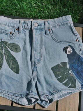 Levi's X Farm Rio Bird of Paradise High Rise Ribcage Denim Shorts